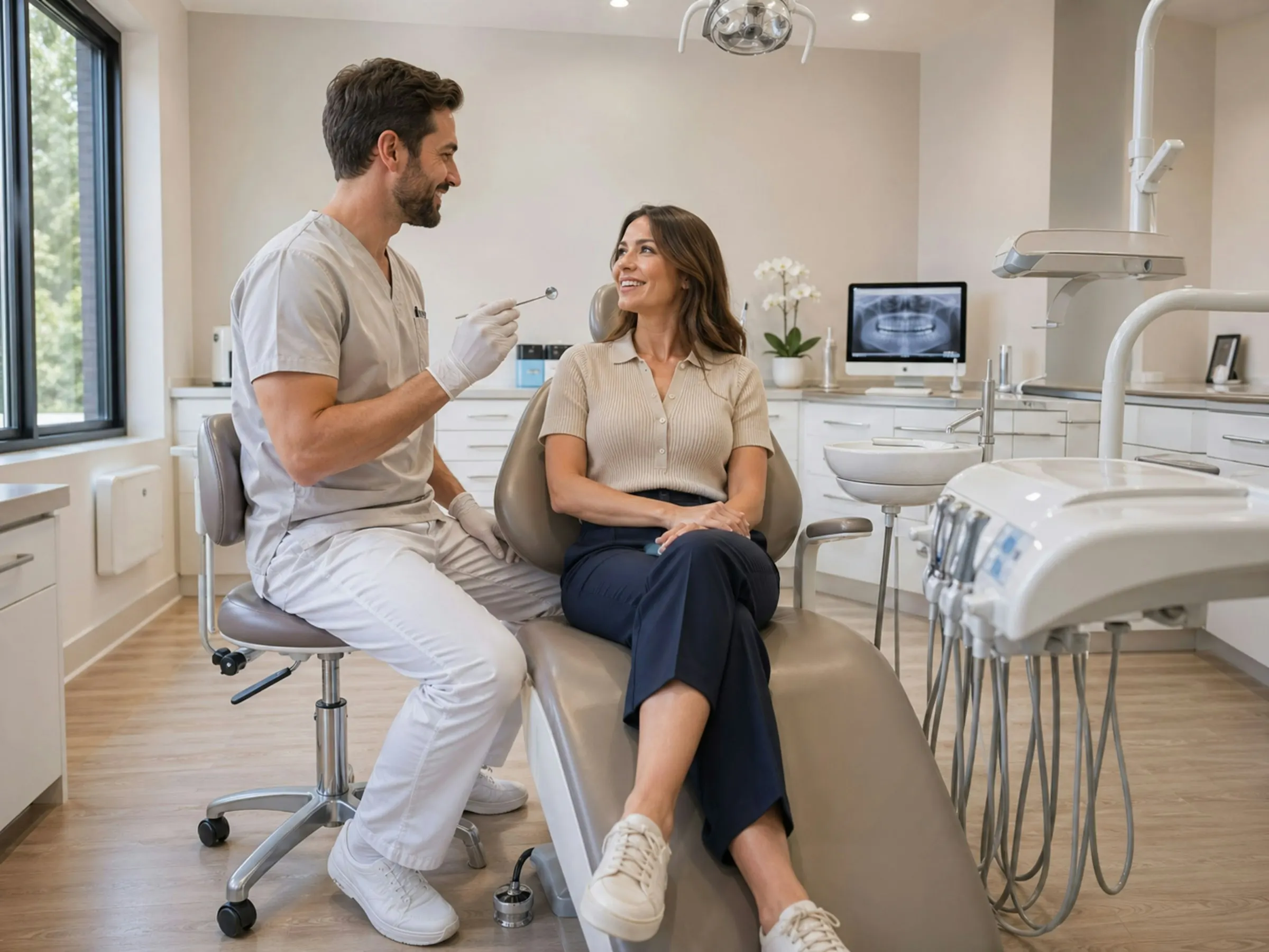 A dentist talking with a patient seated in a bright treatment room
