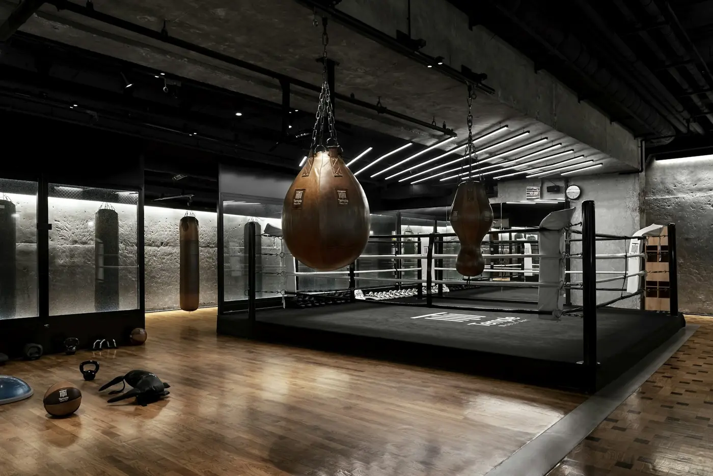 The boxing ring and hanging bags under a dark industrial ceiling