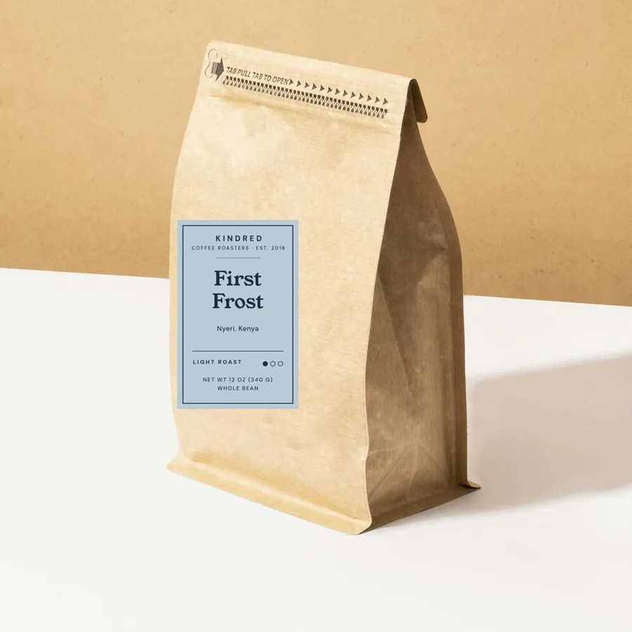 First Frost coffee in a kraft bag with a light roast label