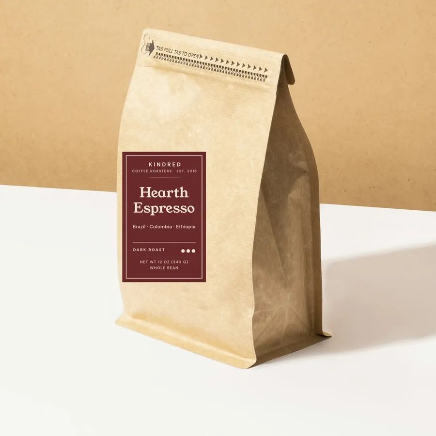 Hearth Espresso coffee in a kraft bag with a dark roast label