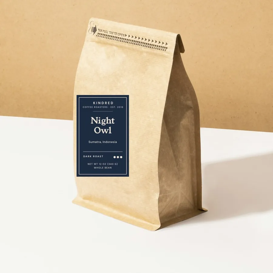 Night Owl coffee in a kraft bag with a dark roast label