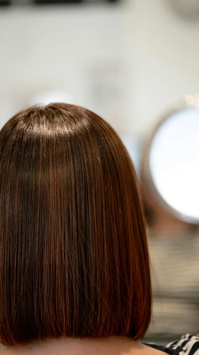 Sleek, glossy chestnut bob seen from behind