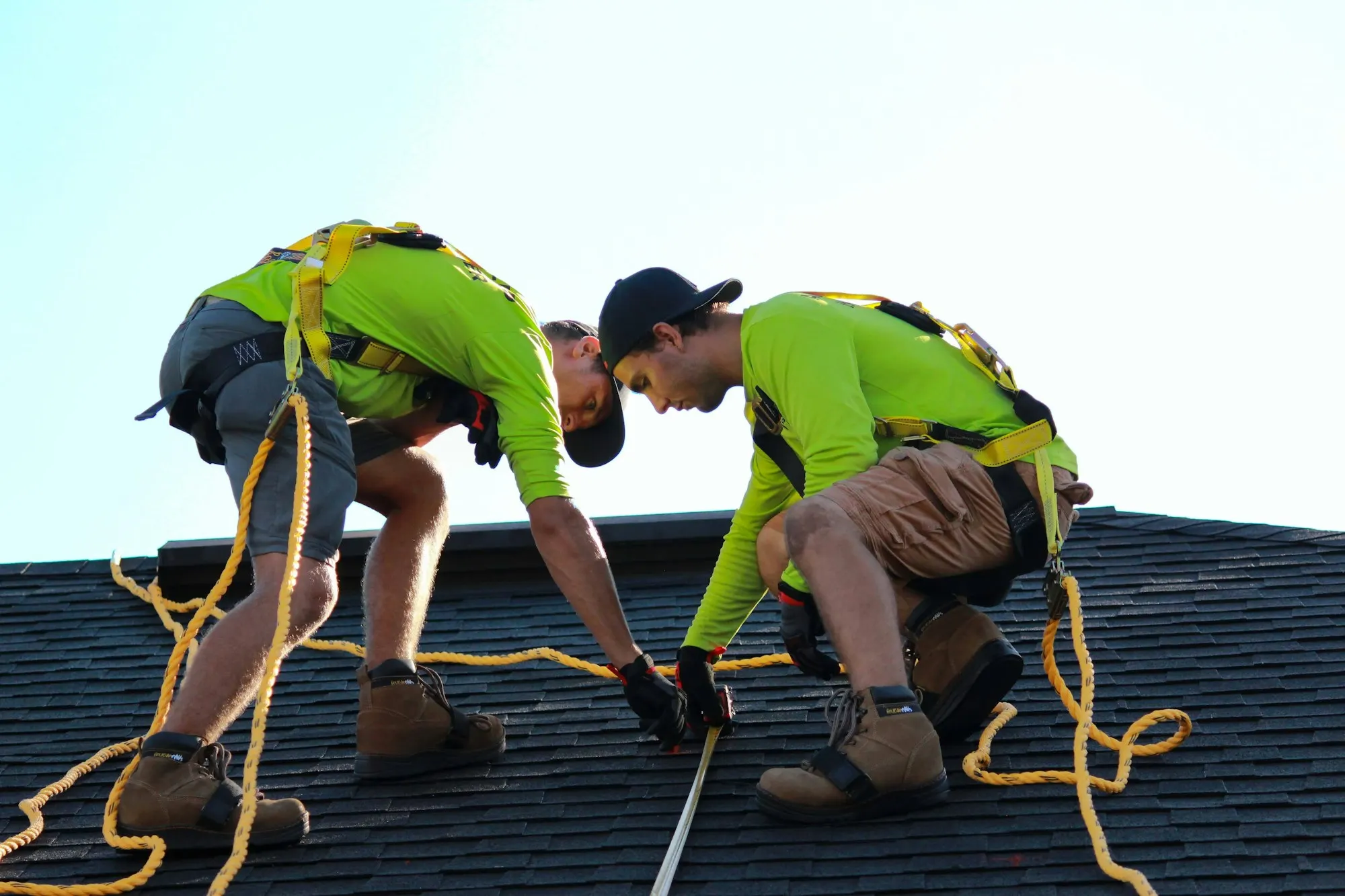 Two Northline roofers in harnesses laying out a new shingle roof
