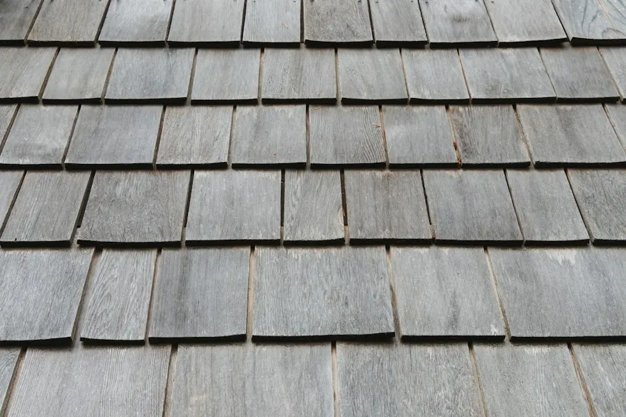 Rows of weathered cedar shakes