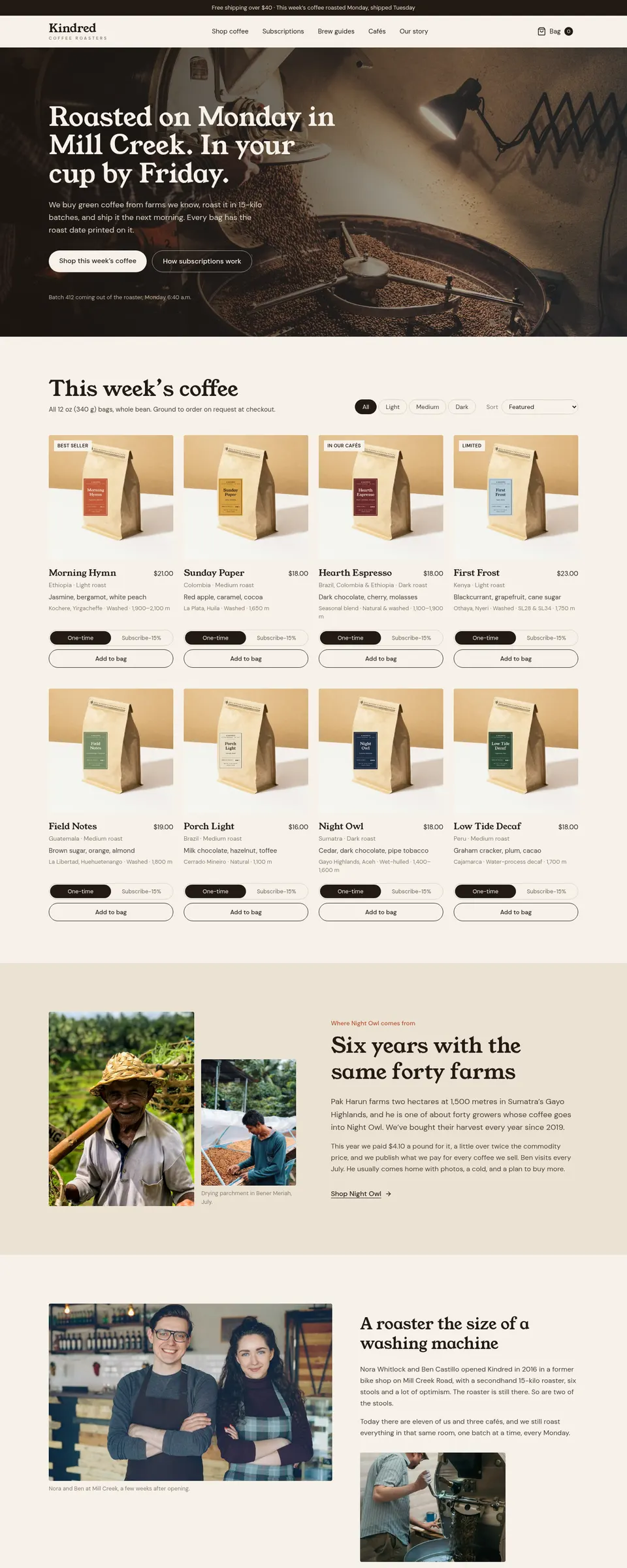 Kindred Coffee homepage