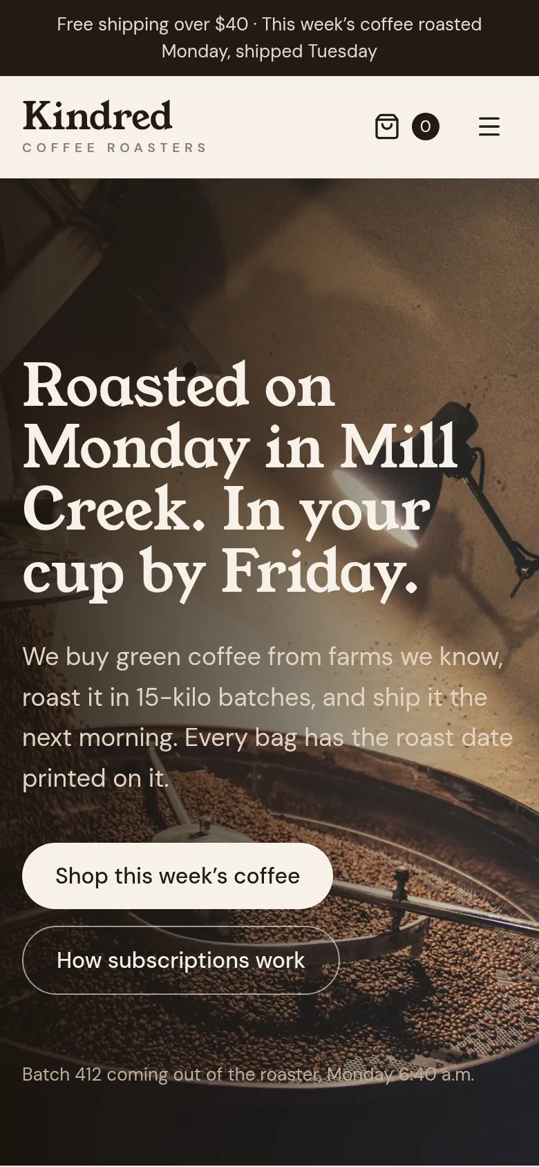 Kindred Coffee example online shop on a phone