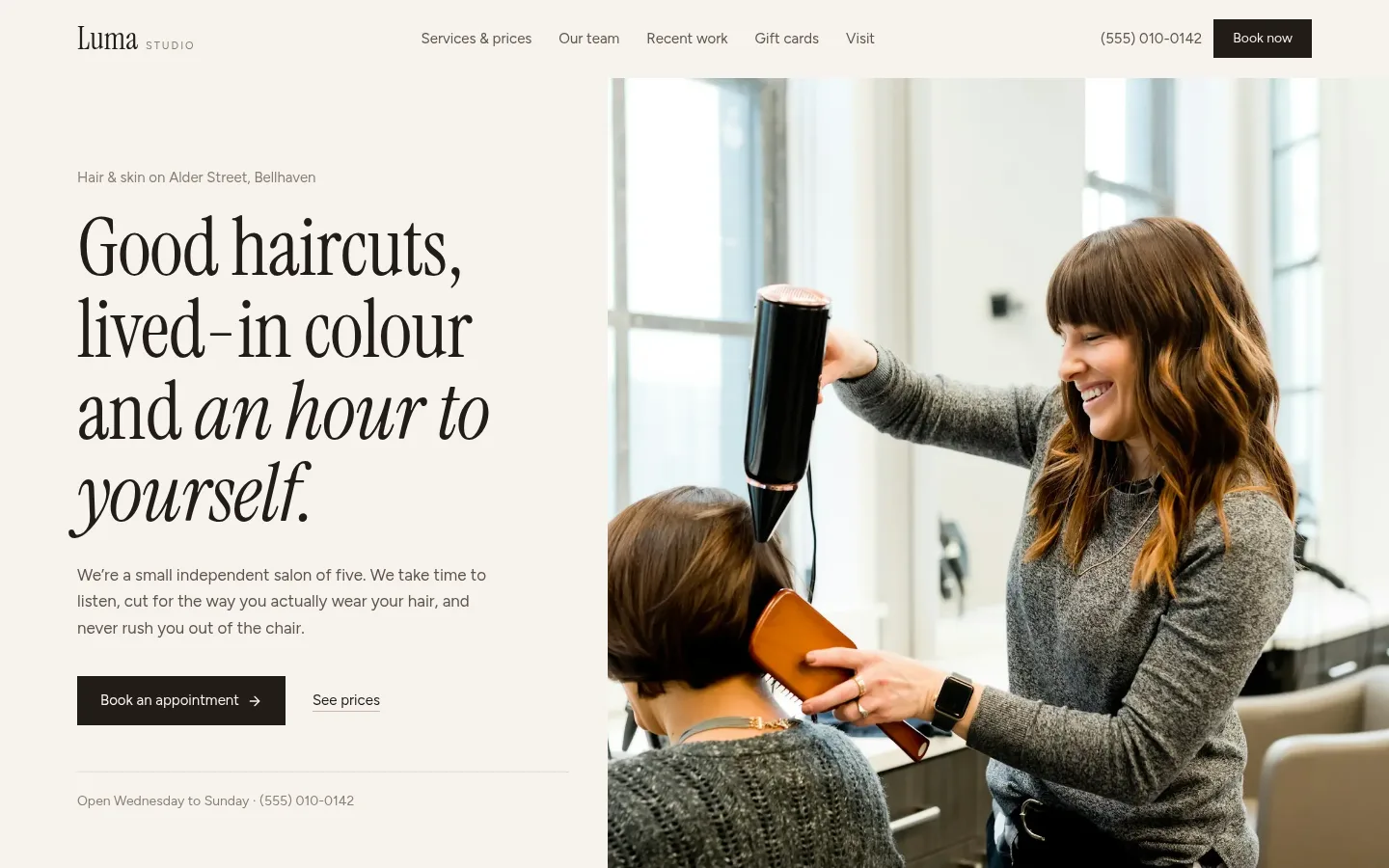 Homepage of Luma Studio, an example salon website built by Claritas AI